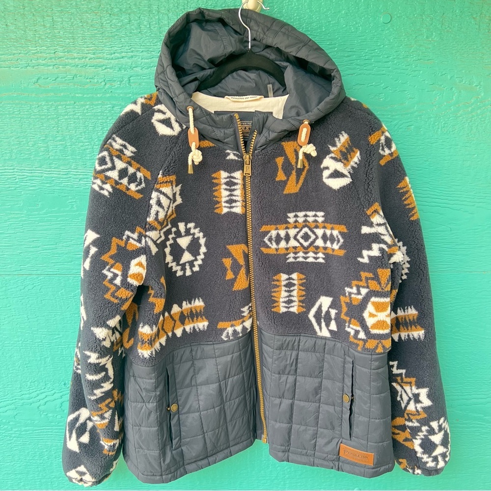 PENDLETON QUILTED TANSY FLEECE HOODED WESTERN PRINT JACKET SIZE LARGE NAVY TAN - Picture 7 of 12